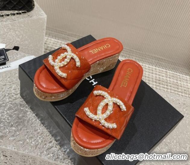 Good Product Chanel Patent Calfskin Wedge Slide Sandals with Pearl CC Orange 619147