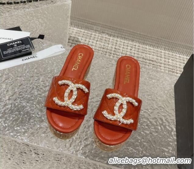 Good Product Chanel Patent Calfskin Wedge Slide Sandals with Pearl CC Orange 619147