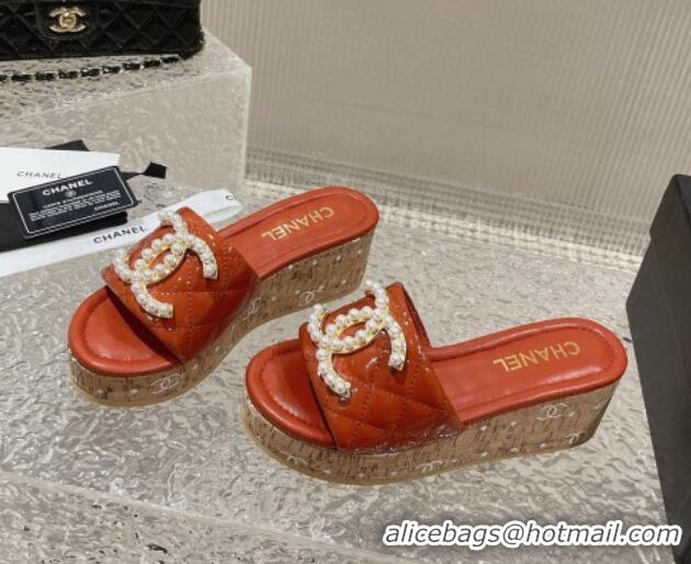 Good Product Chanel Patent Calfskin Wedge Slide Sandals with Pearl CC Orange 619147