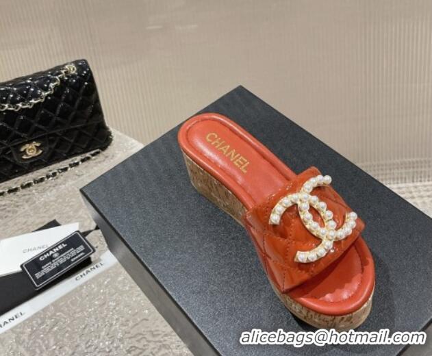 Good Product Chanel Patent Calfskin Wedge Slide Sandals with Pearl CC Orange 619147