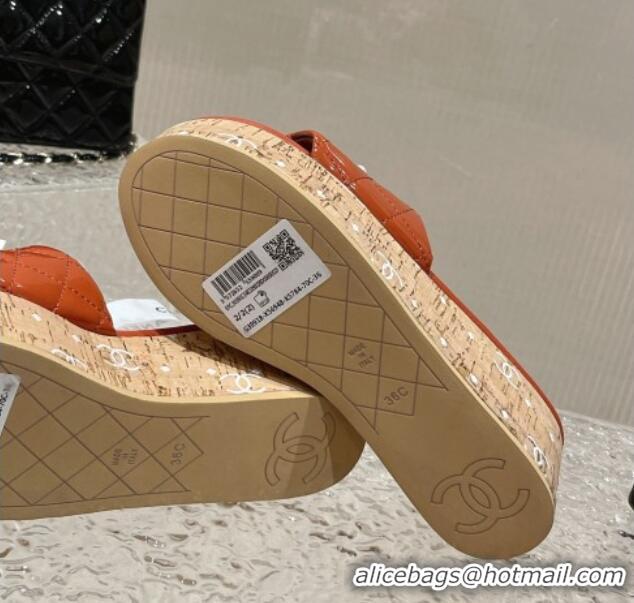 Good Product Chanel Patent Calfskin Wedge Slide Sandals with Pearl CC Orange 619147