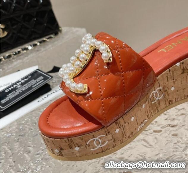 Good Product Chanel Patent Calfskin Wedge Slide Sandals with Pearl CC Orange 619147