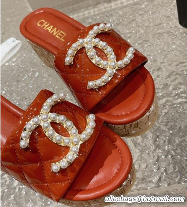 Good Product Chanel Patent Calfskin Wedge Slide Sandals with Pearl CC Orange 619147