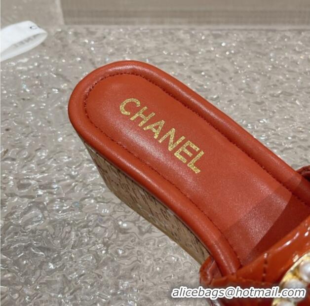 Good Product Chanel Patent Calfskin Wedge Slide Sandals with Pearl CC Orange 619147