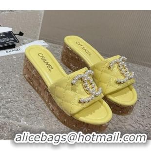 Sophisticated Chanel Patent Calfskin Wedge Slide Sandals with Pearl CC Yellow 619148