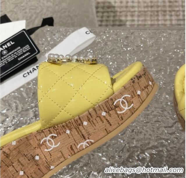 Sophisticated Chanel Patent Calfskin Wedge Slide Sandals with Pearl CC Yellow 619148