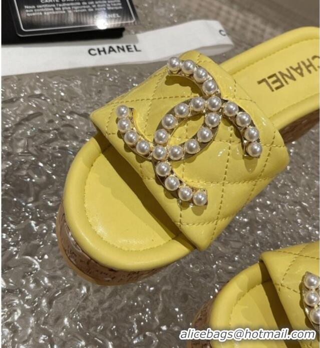 Sophisticated Chanel Patent Calfskin Wedge Slide Sandals with Pearl CC Yellow 619148