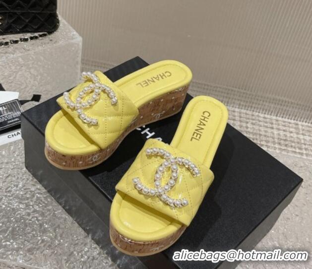 Sophisticated Chanel Patent Calfskin Wedge Slide Sandals with Pearl CC Yellow 619148