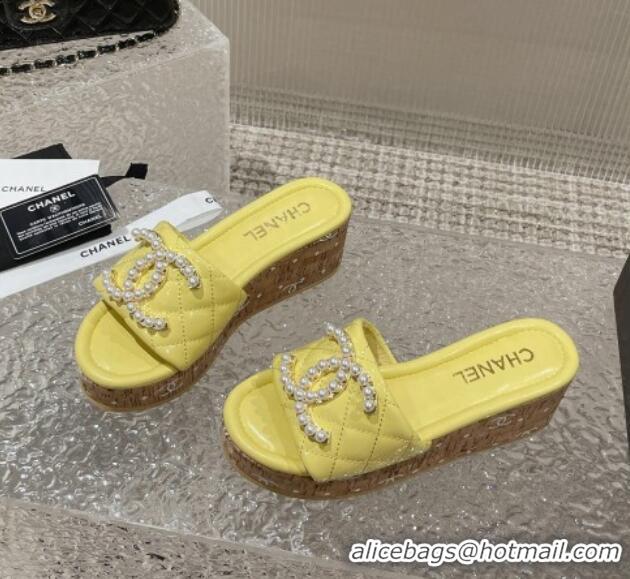 Sophisticated Chanel Patent Calfskin Wedge Slide Sandals with Pearl CC Yellow 619148