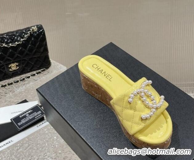 Sophisticated Chanel Patent Calfskin Wedge Slide Sandals with Pearl CC Yellow 619148