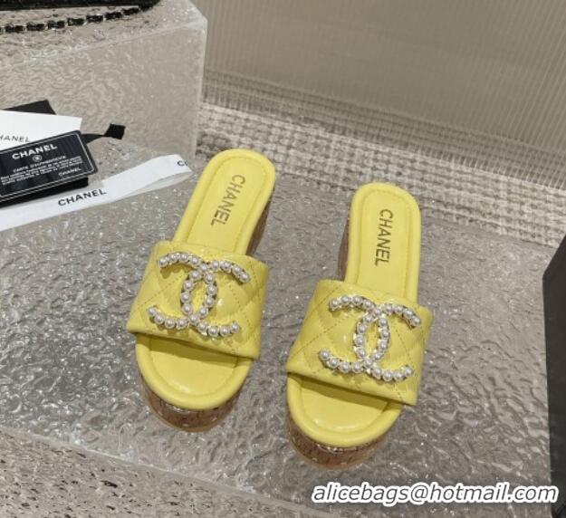 Sophisticated Chanel Patent Calfskin Wedge Slide Sandals with Pearl CC Yellow 619148