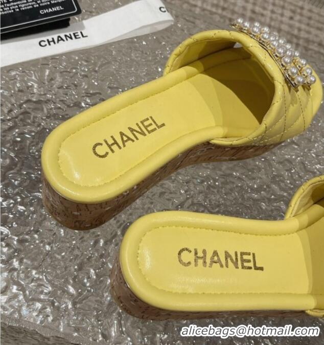 Sophisticated Chanel Patent Calfskin Wedge Slide Sandals with Pearl CC Yellow 619148