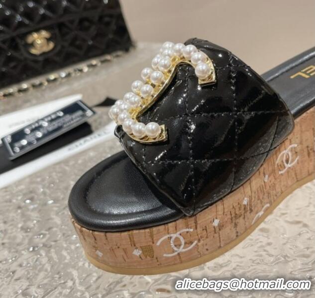 Unique Style Chanel Patent Calfskin Wedge Slide Sandals with Pearl CC Black 619149