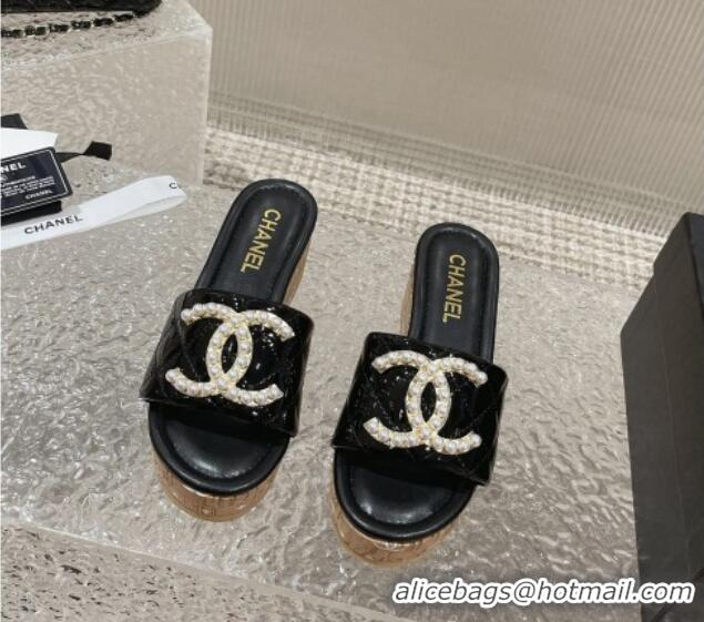 Unique Style Chanel Patent Calfskin Wedge Slide Sandals with Pearl CC Black 619149