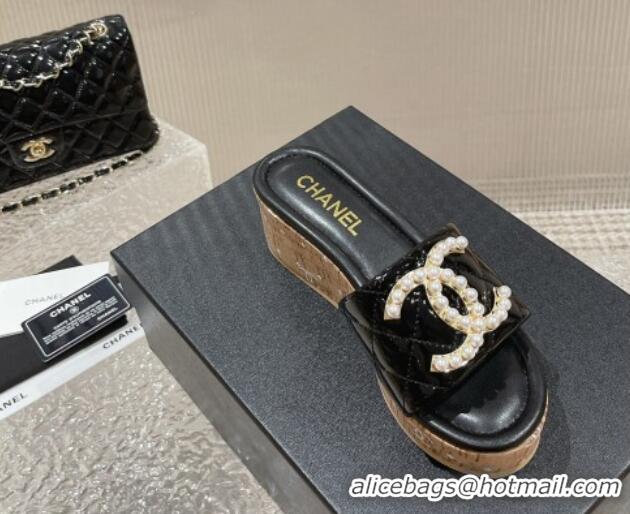 Unique Style Chanel Patent Calfskin Wedge Slide Sandals with Pearl CC Black 619149