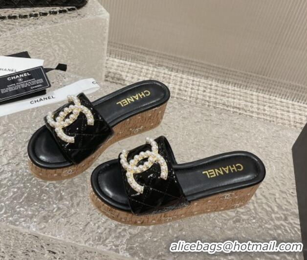 Unique Style Chanel Patent Calfskin Wedge Slide Sandals with Pearl CC Black 619149