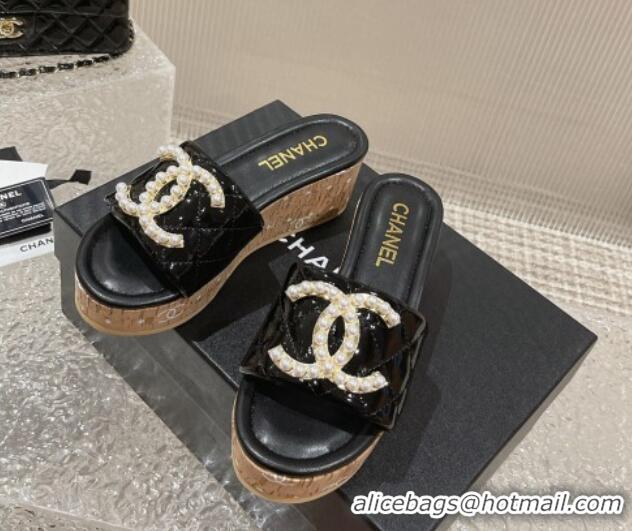 Unique Style Chanel Patent Calfskin Wedge Slide Sandals with Pearl CC Black 619149