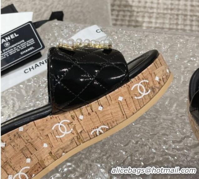 Unique Style Chanel Patent Calfskin Wedge Slide Sandals with Pearl CC Black 619149