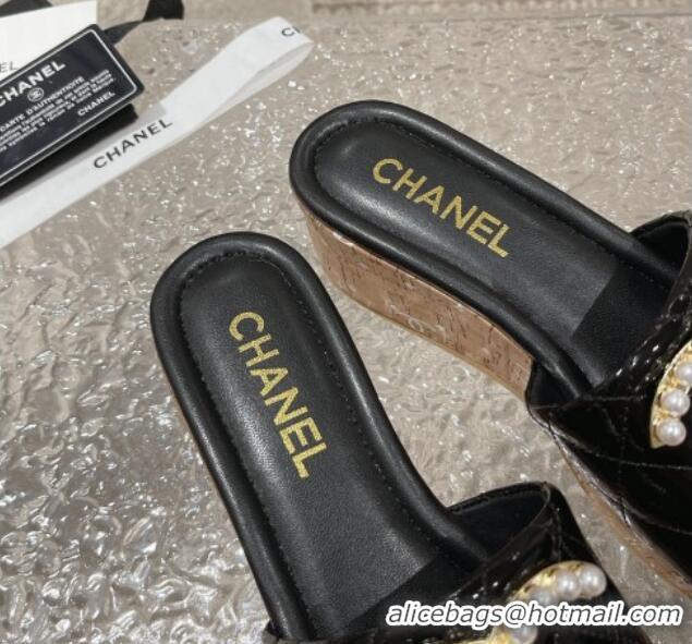 Unique Style Chanel Patent Calfskin Wedge Slide Sandals with Pearl CC Black 619149