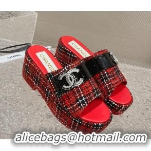 Stylish Chanel Tweed Wedge Slide Sandals with CC Leather Band Red 619151 