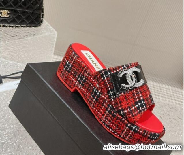 Stylish Chanel Tweed Wedge Slide Sandals with CC Leather Band Red 619151 