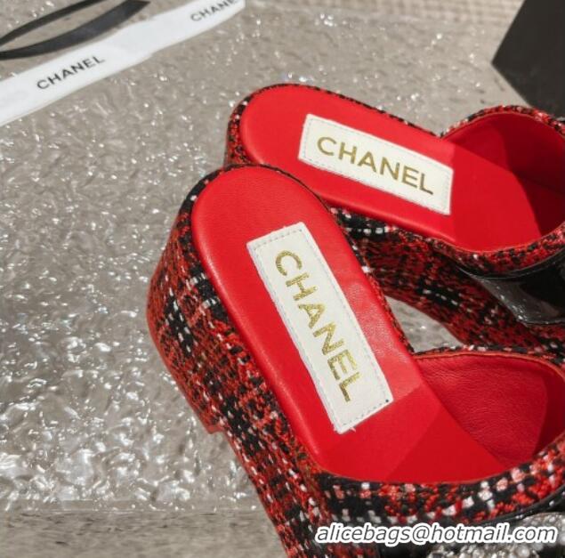 Stylish Chanel Tweed Wedge Slide Sandals with CC Leather Band Red 619151 