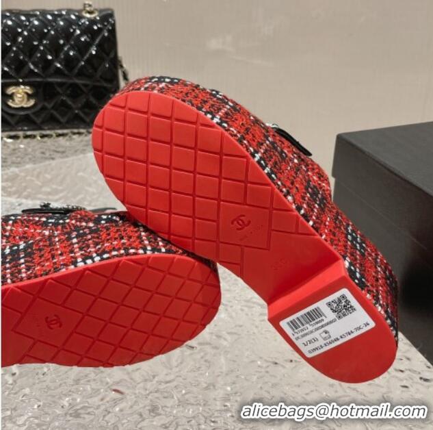 Stylish Chanel Tweed Wedge Slide Sandals with CC Leather Band Red 619151 