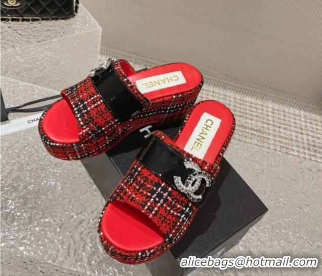 Stylish Chanel Tweed Wedge Slide Sandals with CC Leather Band Red 619151 