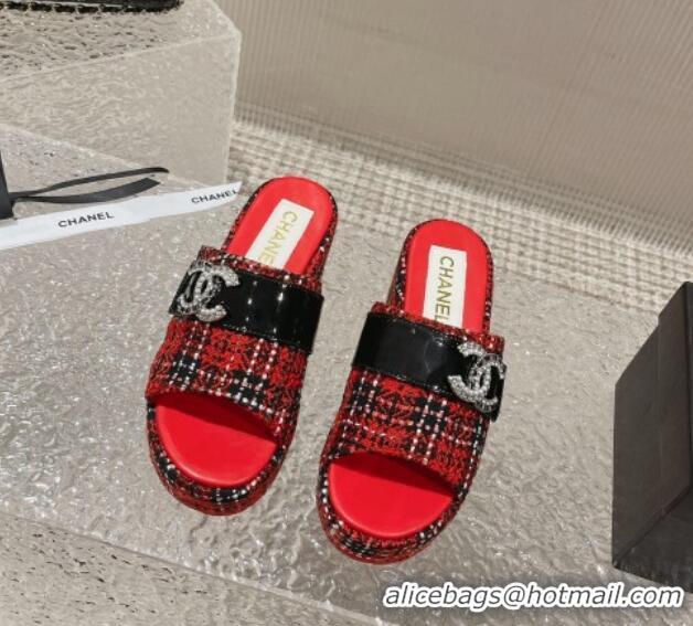 Stylish Chanel Tweed Wedge Slide Sandals with CC Leather Band Red 619151 