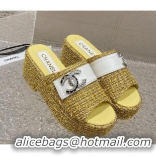 Low Price Chanel Tweed Wedge Slide Sandals with CC Leather Band Yellow 619150