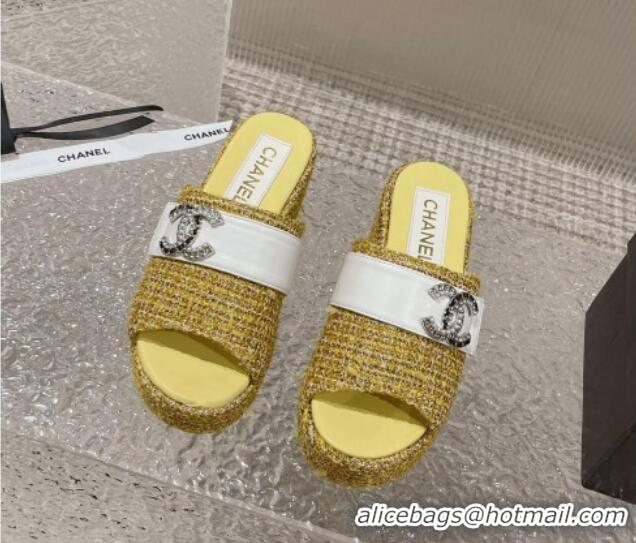 Low Price Chanel Tweed Wedge Slide Sandals with CC Leather Band Yellow 619150