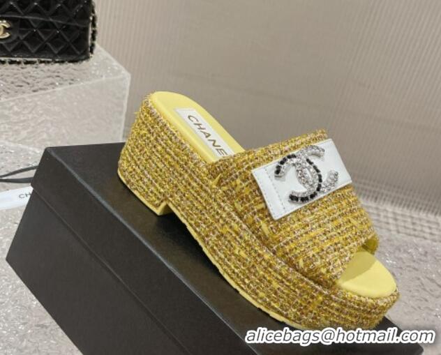 Low Price Chanel Tweed Wedge Slide Sandals with CC Leather Band Yellow 619150