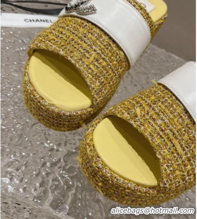 Low Price Chanel Tweed Wedge Slide Sandals with CC Leather Band Yellow 619150