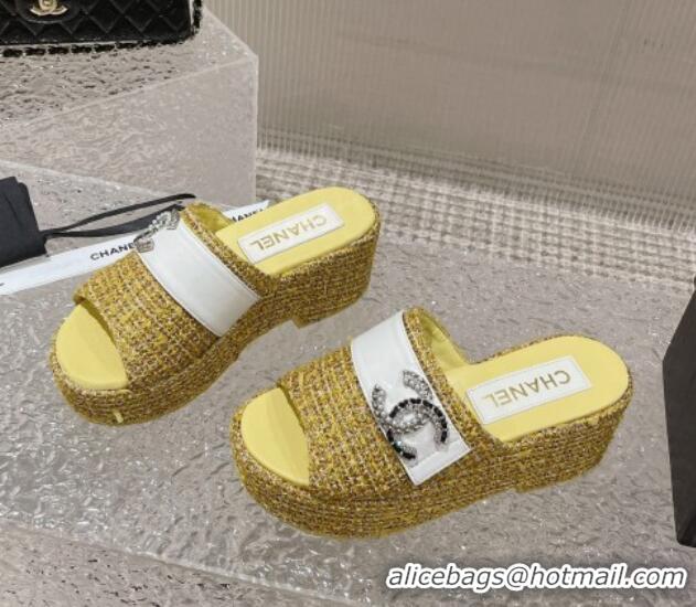 Low Price Chanel Tweed Wedge Slide Sandals with CC Leather Band Yellow 619150