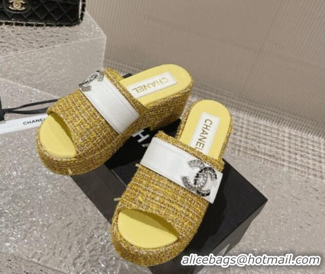 Low Price Chanel Tweed Wedge Slide Sandals with CC Leather Band Yellow 619150