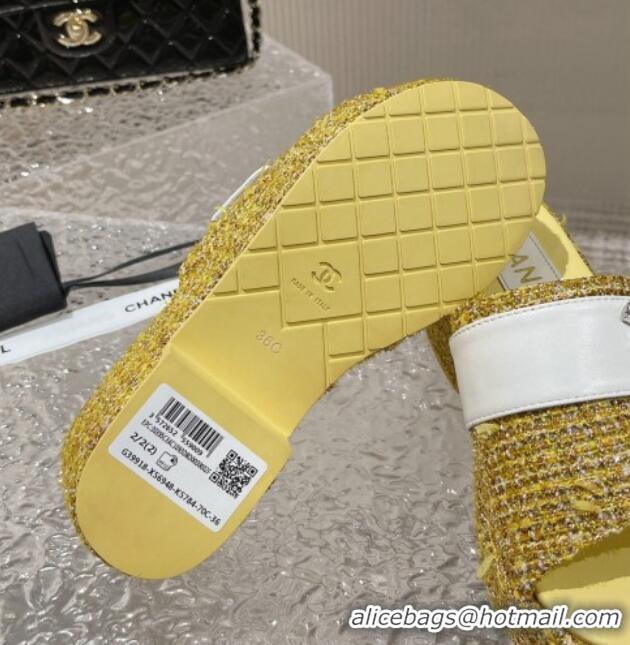 Low Price Chanel Tweed Wedge Slide Sandals with CC Leather Band Yellow 619150