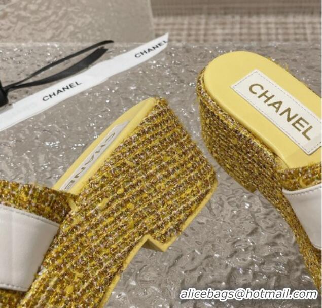 Low Price Chanel Tweed Wedge Slide Sandals with CC Leather Band Yellow 619150