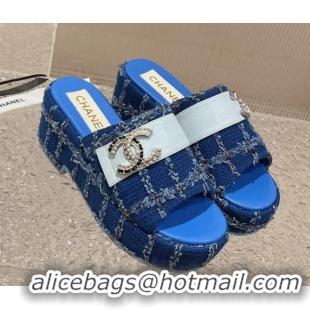 Best Price Chanel Tweed Wedge Slide Sandals with CC Leather Band Blue 619152