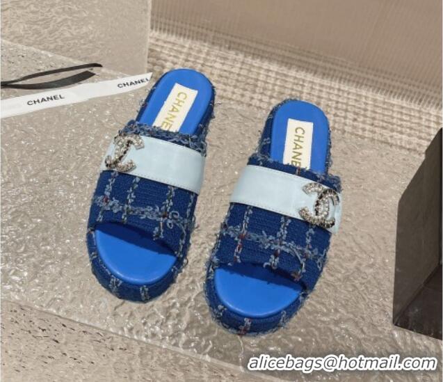 Best Price Chanel Tweed Wedge Slide Sandals with CC Leather Band Blue 619152