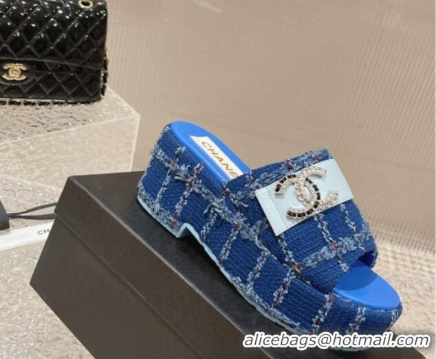 Best Price Chanel Tweed Wedge Slide Sandals with CC Leather Band Blue 619152