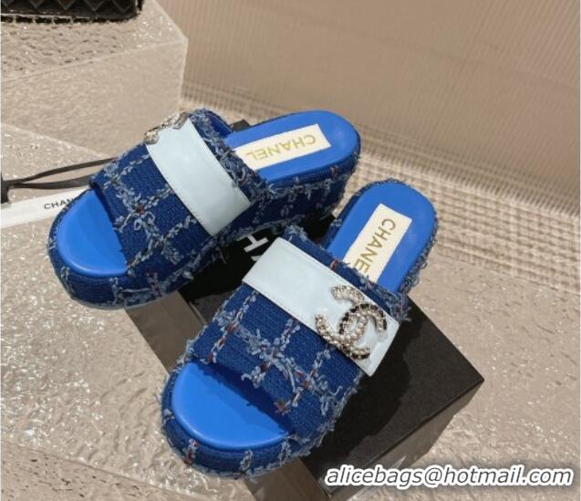 Best Price Chanel Tweed Wedge Slide Sandals with CC Leather Band Blue 619152