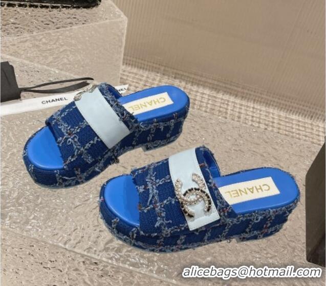 Best Price Chanel Tweed Wedge Slide Sandals with CC Leather Band Blue 619152