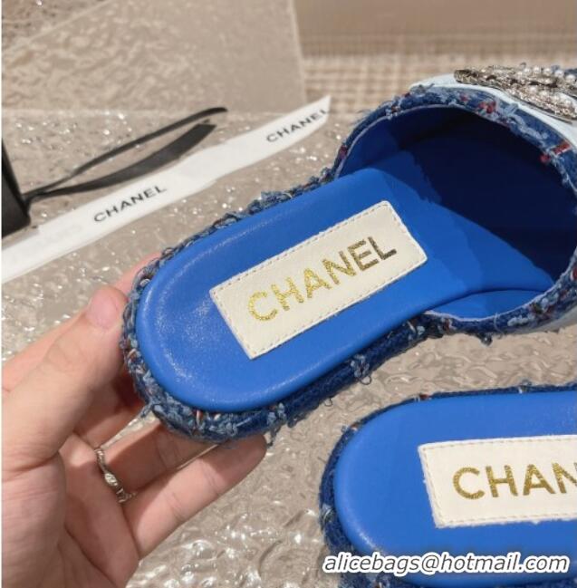 Best Price Chanel Tweed Wedge Slide Sandals with CC Leather Band Blue 619152