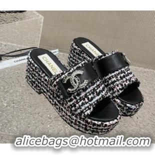 Fashion Luxury Chanel Tweed Wedge Slide Sandals with CC Leather Band Multicolor 619154