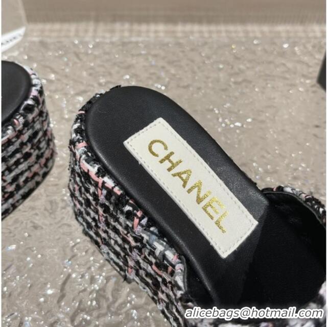 Fashion Luxury Chanel Tweed Wedge Slide Sandals with CC Leather Band Multicolor 619154