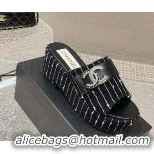 Generous Chanel Striped Tweed Wedge Slide Sandals with CC Leather Band Black/White 619155