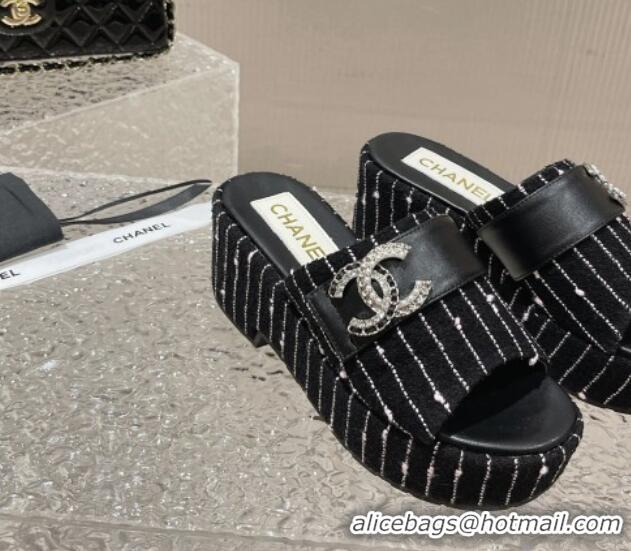 Generous Chanel Striped Tweed Wedge Slide Sandals with CC Leather Band Black/White 619155