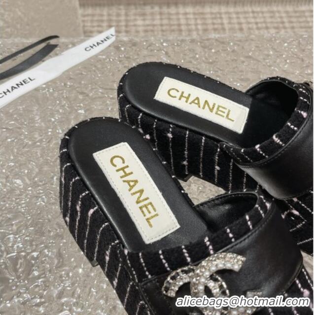 Generous Chanel Striped Tweed Wedge Slide Sandals with CC Leather Band Black/White 619155