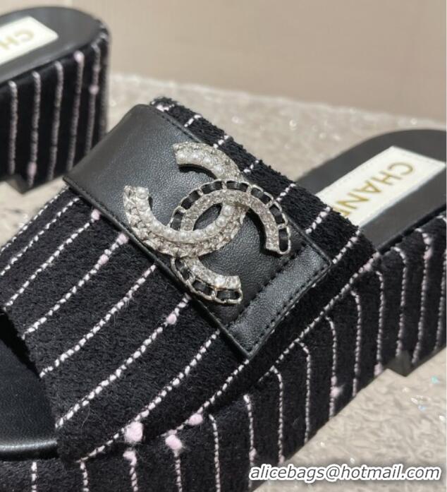 Generous Chanel Striped Tweed Wedge Slide Sandals with CC Leather Band Black/White 619155