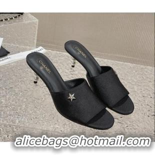 Unique Style Chanel Fabric Heel Slide Sandals 5.5cm with Crystal Star and Pearls Black 619157